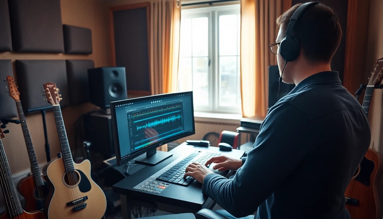 Recording professional utilizing online mastering services in a warm, inviting studio.