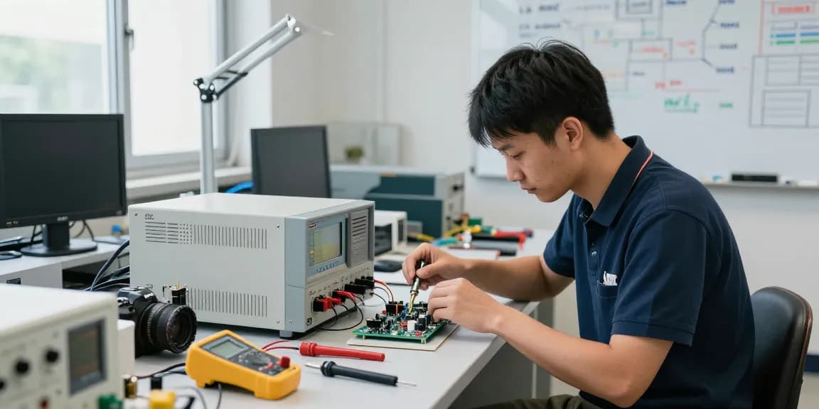Technician calibrating a lab DC power supply for electronics in a bright lab workspace.