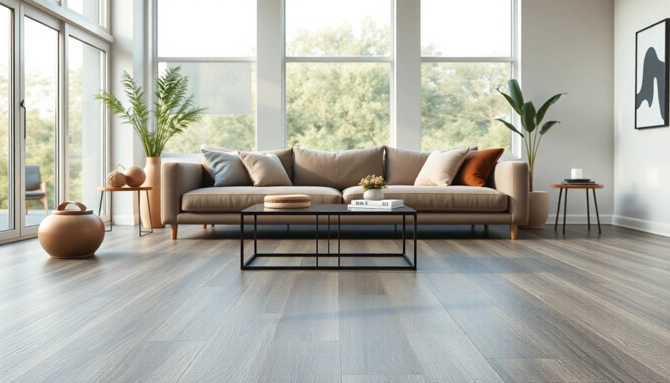 Revitalize your space with stylish grey vinyl flooring showcasing texture and modern decor.
