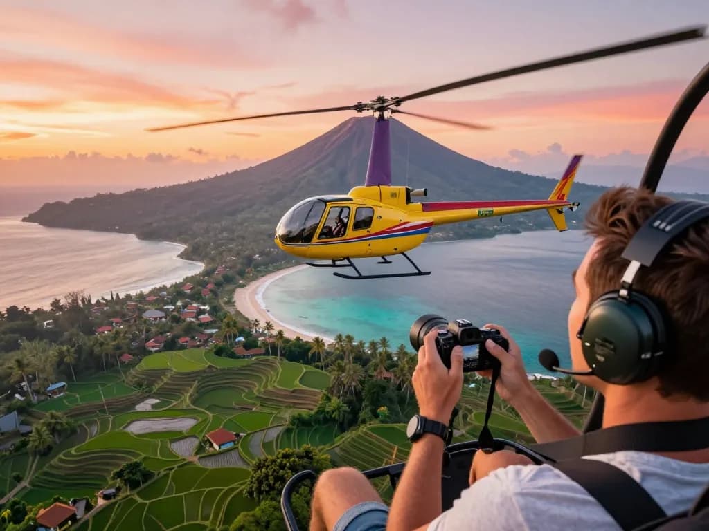 Bali tour packages offering breathtaking helicopter views over mountains and beaches during sunset.
