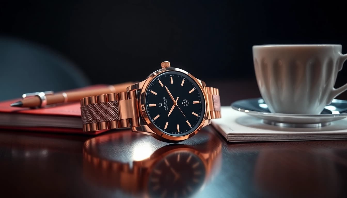 Stylish display of a Ladies Classic Smart Watch on a wooden table with coffee and notebook.