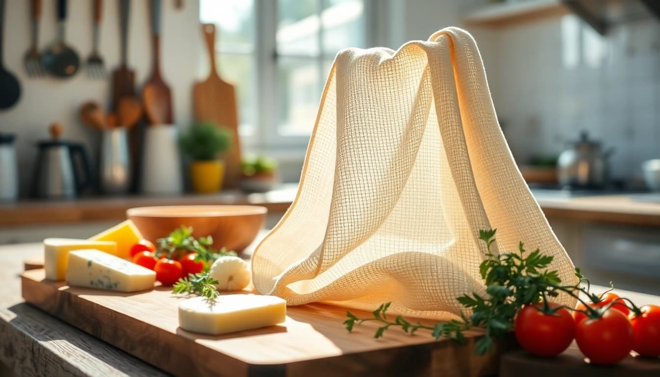 Gebruik van een kaasdoek voor het drogen van verse kaas in een zonovergoten keuken.