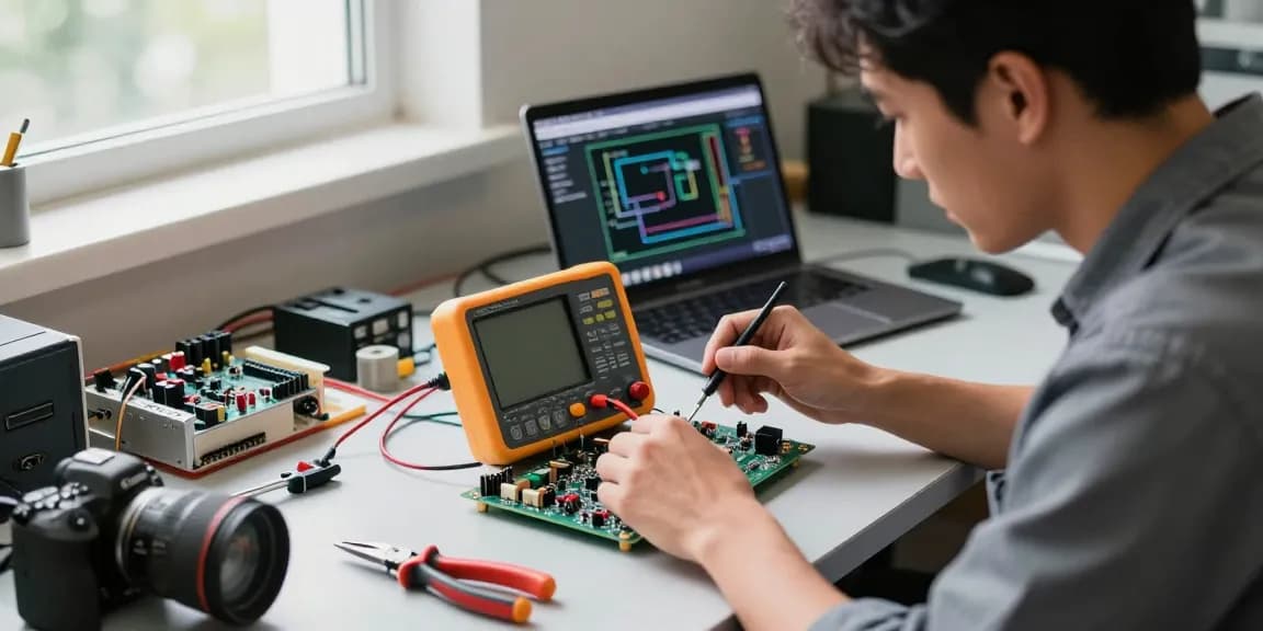 Technician using an oscilloscope multimeter to measure electrical signals on a workbench filled with electronic components.