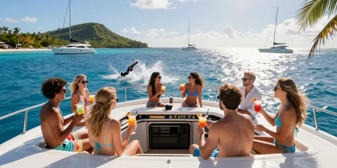 Luxury yacht rental in Punta Cana, friends enjoying cocktails on deck amidst scenic tropical waters.