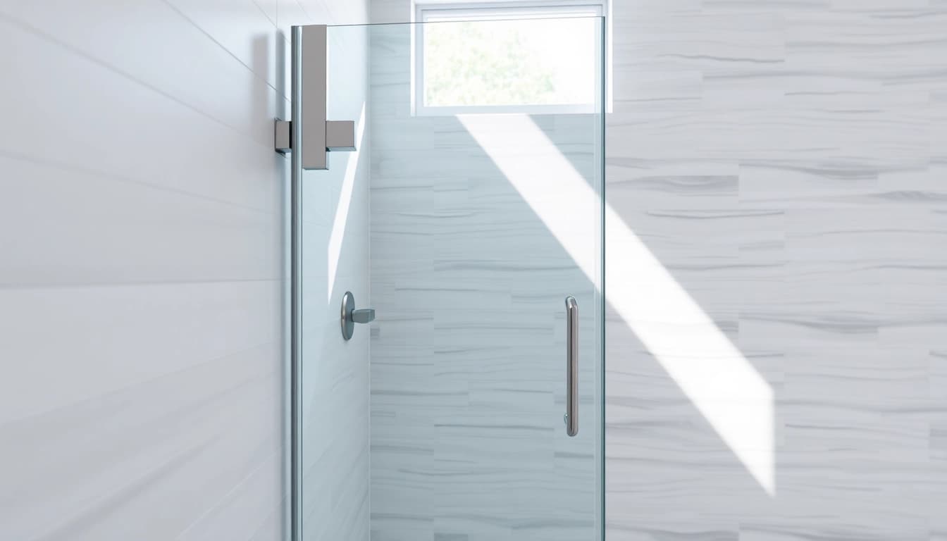 Showcase of shower doors sliding revealing modern design elements and seamless integration in a stylish bathroom.
