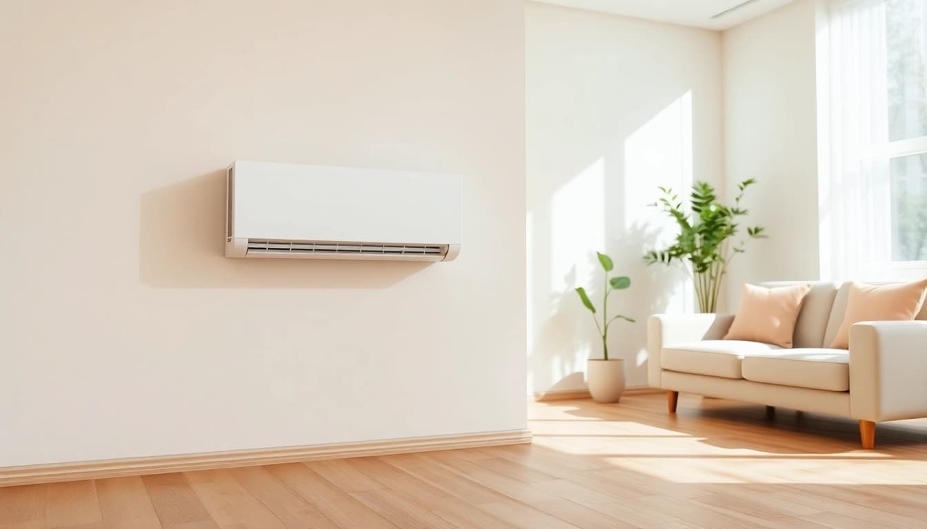 Install a Mitsubishi mini split AC in a stylish modern living room for efficient cooling.