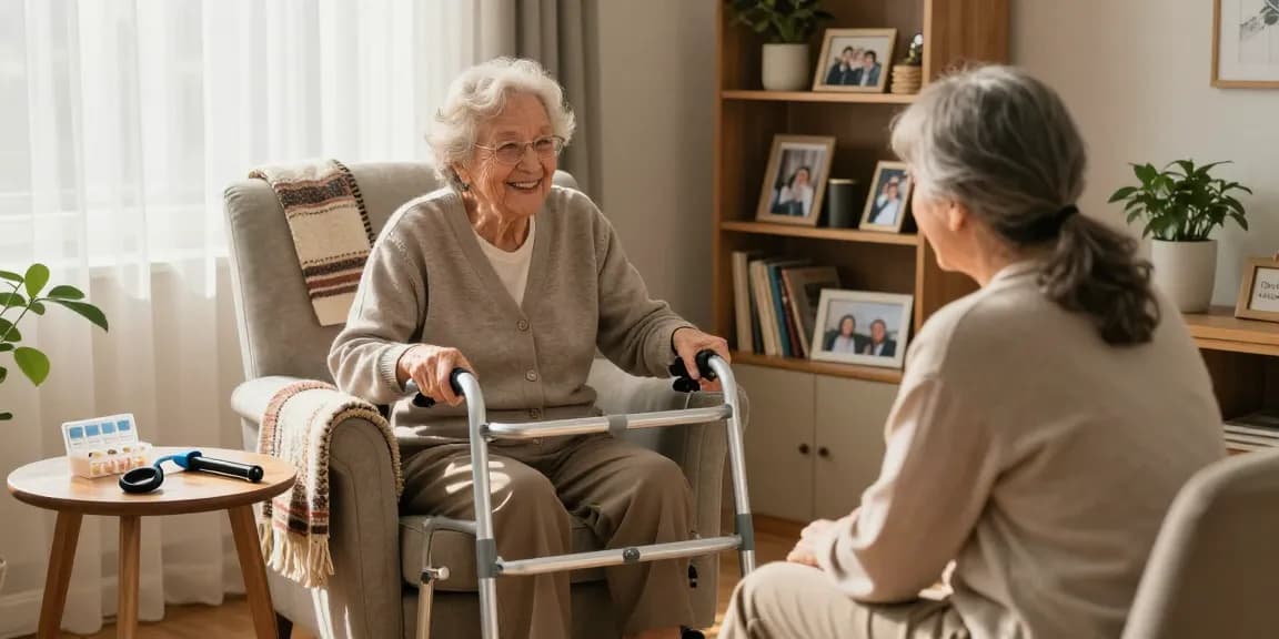 Buy nobility aids for enhancing mobility in cozy home environments, featuring elderly person using a walker with family interaction.