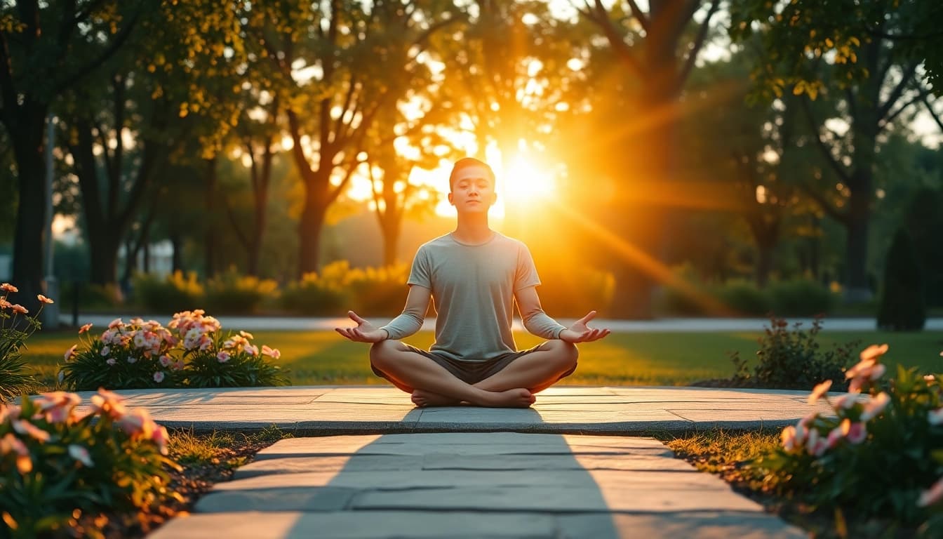 Meditation scene promoting mental wellness in a tranquil park during sunset.
