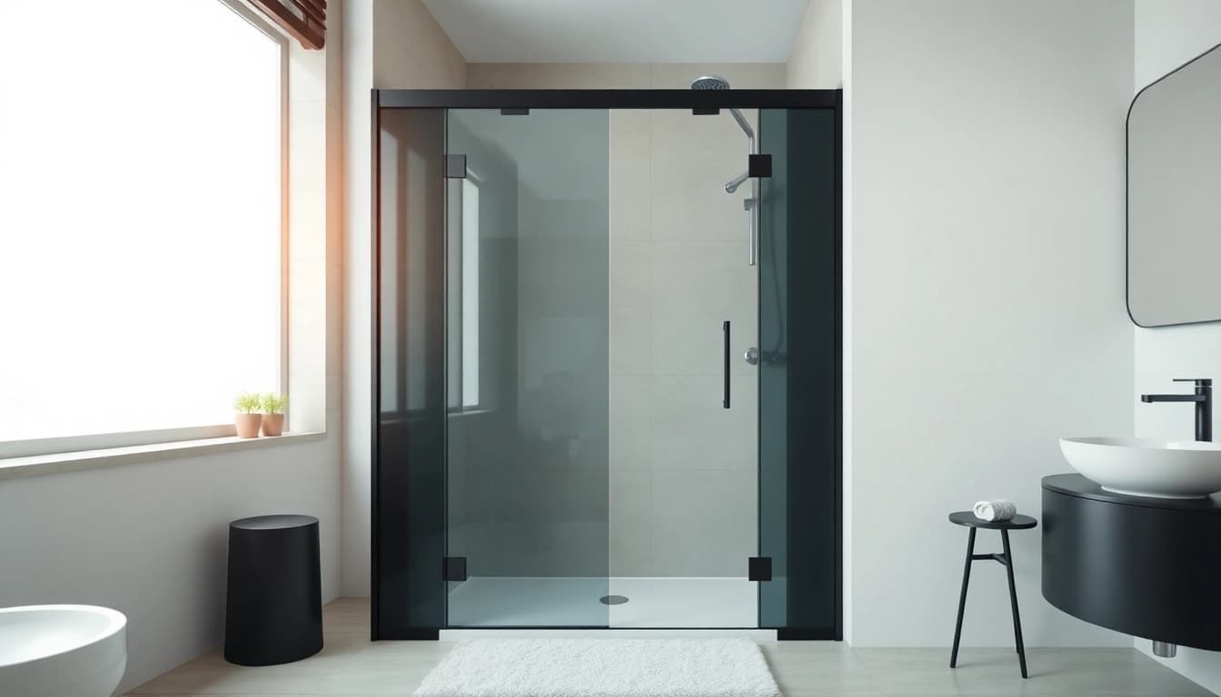 Stylish black shower door enhancing a modern bathroom's elegance and comfort.