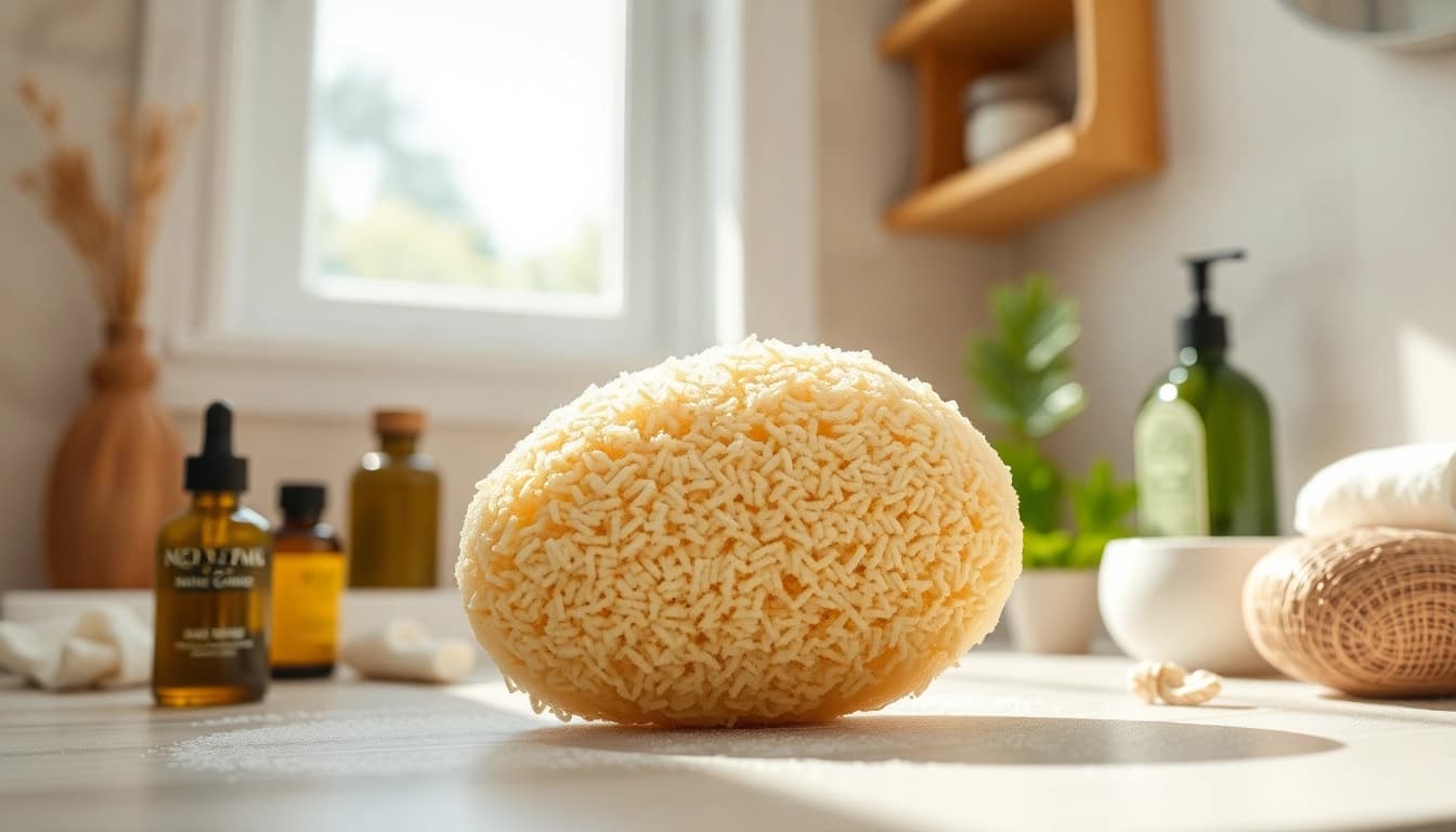 Beauty routine with a raw loofah sponge highlighting its natural texture and skincare products.