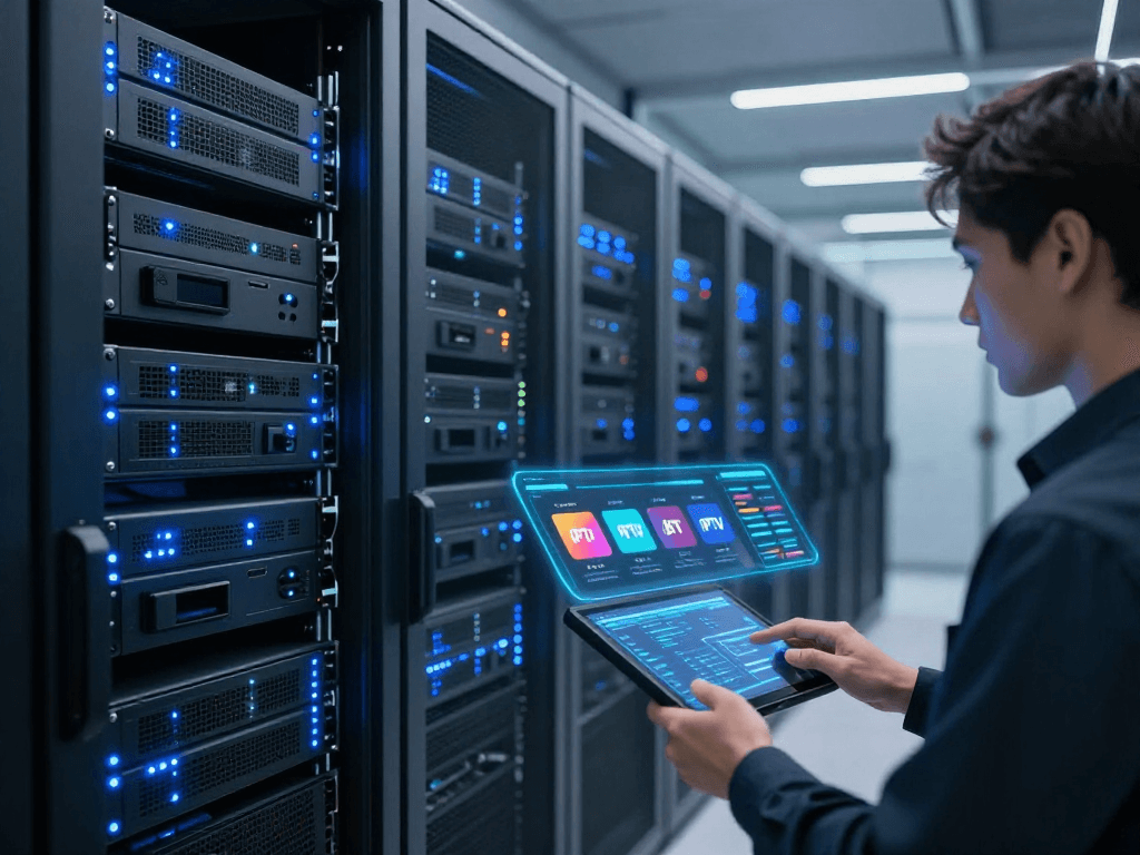 IPTV reseller technology setup showcasing advanced digital streaming solutions with robust server infrastructure.
