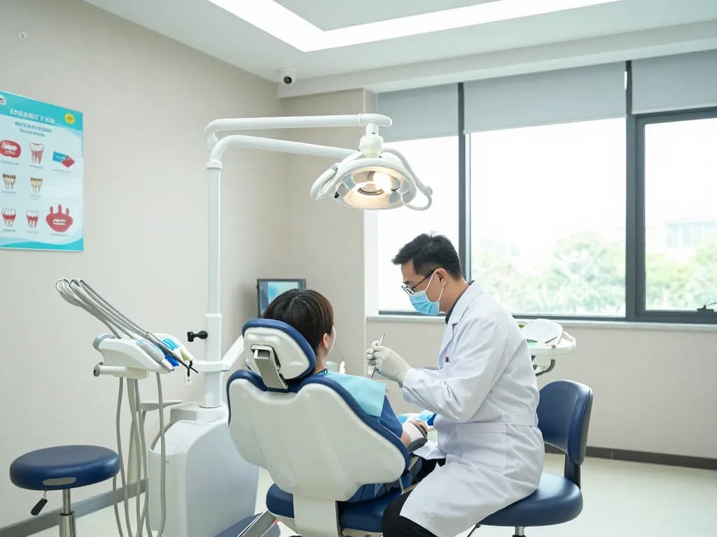 Dental chairs in a modern clinic setting with a dentist examining a patient, reflecting comfort and professionalism.