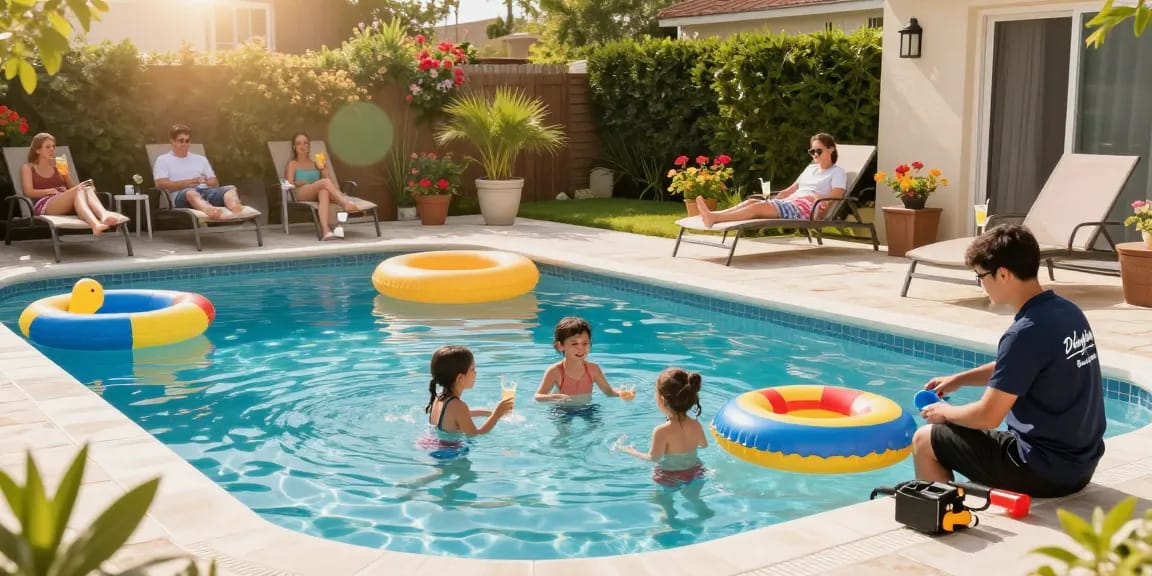 Dolphin Pool Services ensuring pool maintenance for a happy family enjoying their backyard pool.