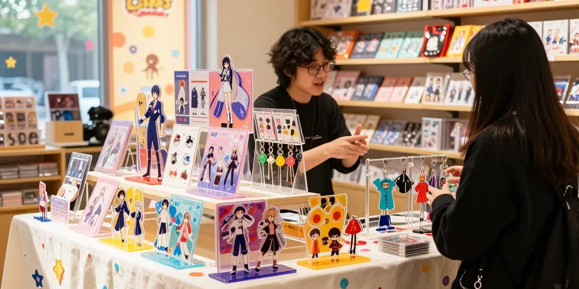 Custom acrylic stand display showcasing colorful merchandise in a vibrant retail environment.