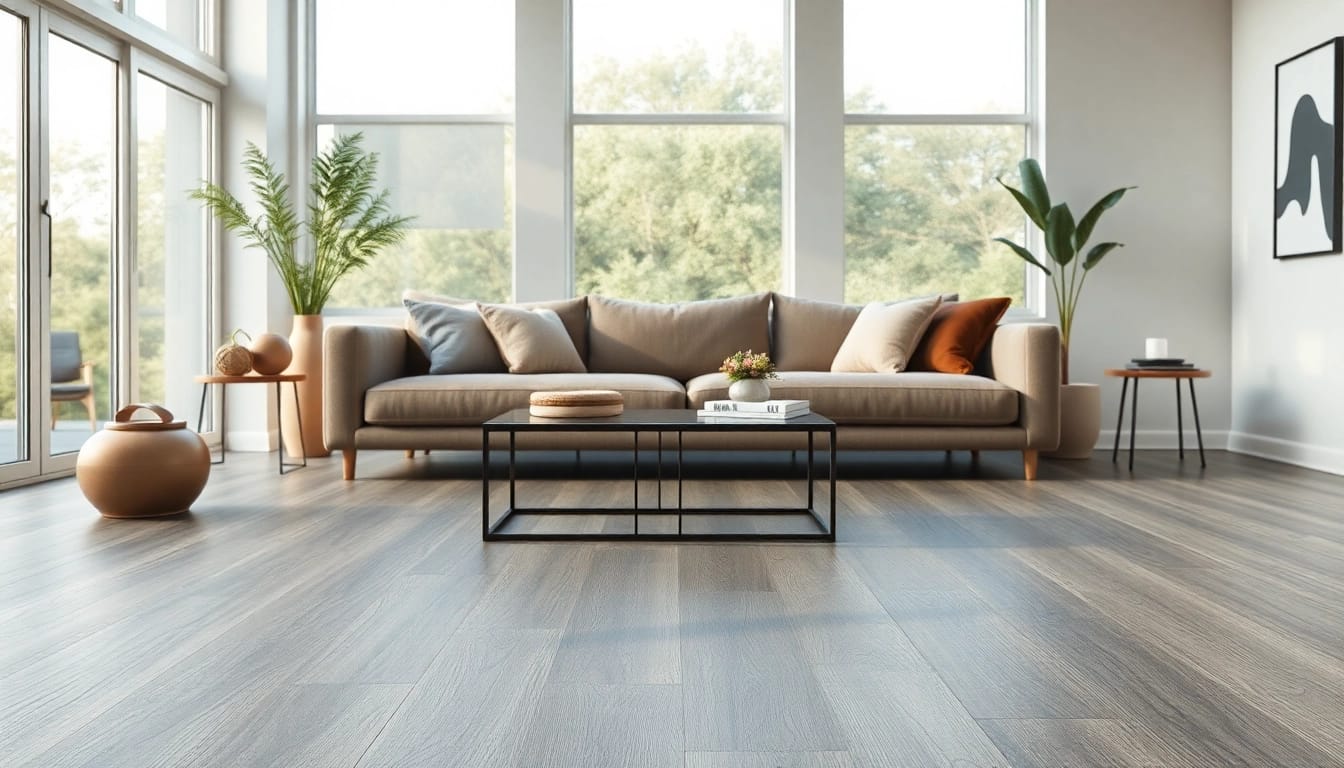 Revitalize your space with stylish grey vinyl flooring showcasing texture and modern decor.
