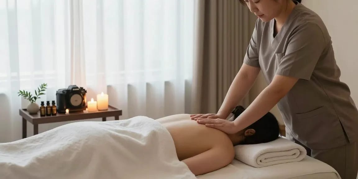 Therapist providing 용인출장마사지 in a serene massage room with soothing ambiance.