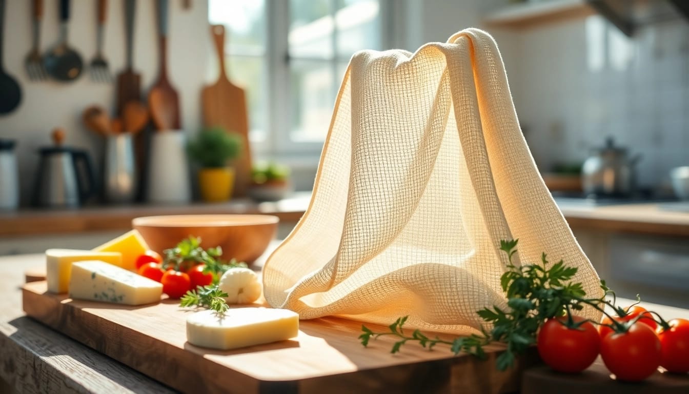 Gebruik van een kaasdoek voor het drogen van verse kaas in een zonovergoten keuken.