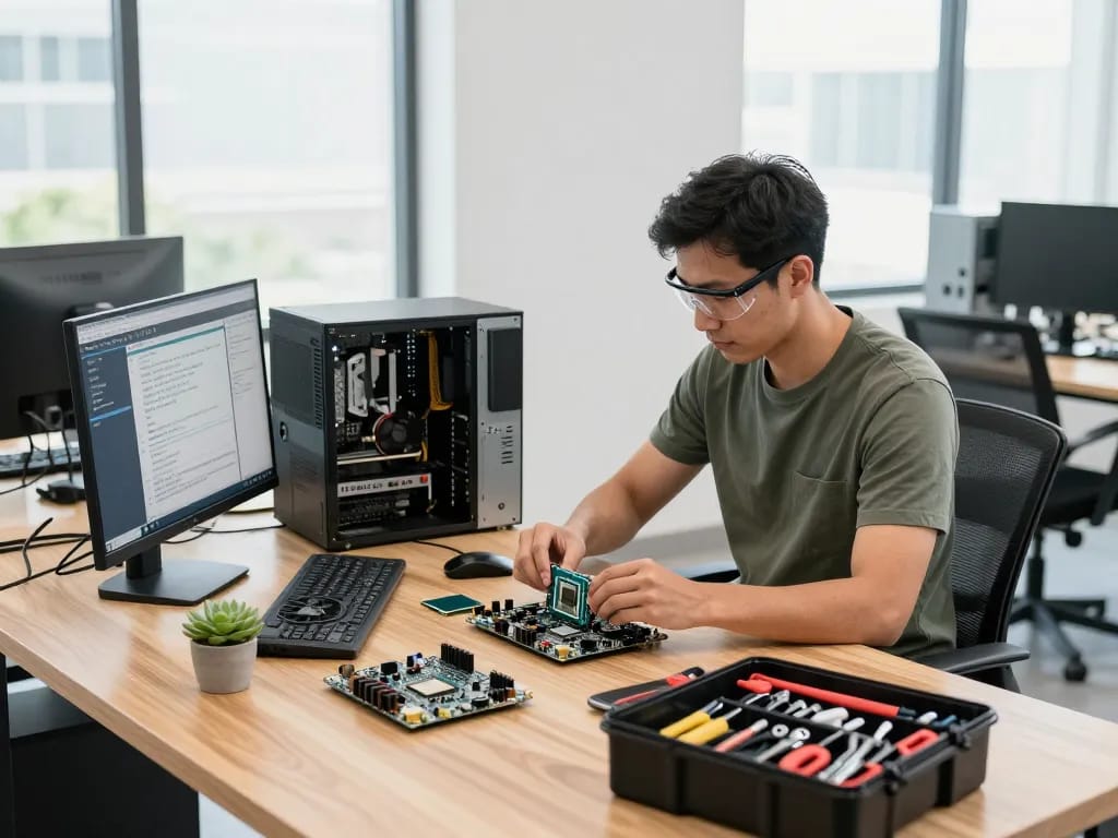 Technician assembling refurbished PCs in a modern workspace with computer components.