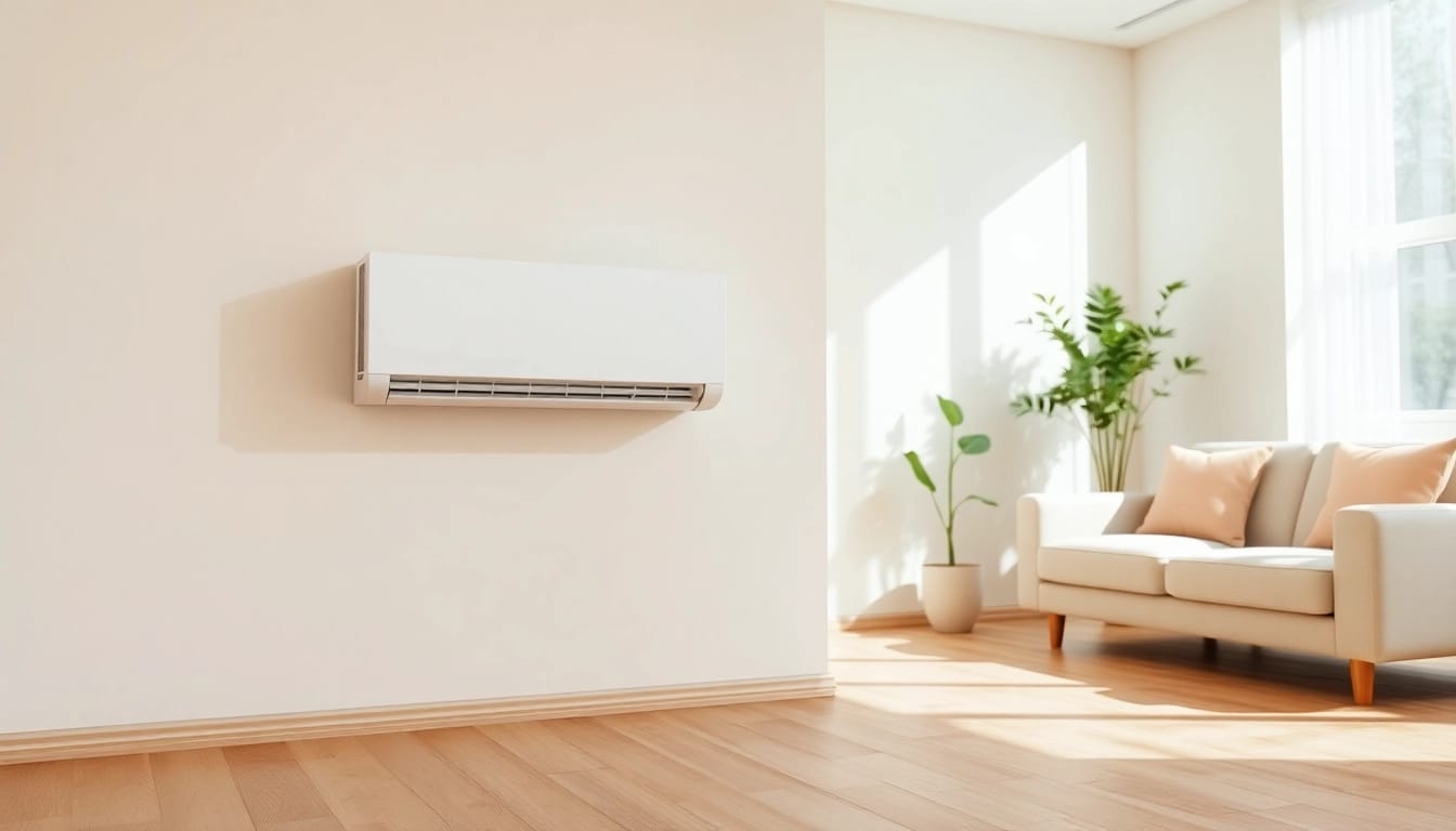 Install a Mitsubishi mini split AC in a stylish modern living room for efficient cooling.