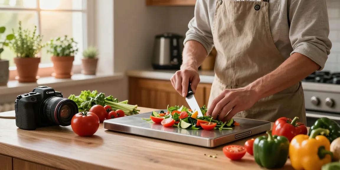 Chef preparing salad on titanium cutting boards in a vibrant kitchen