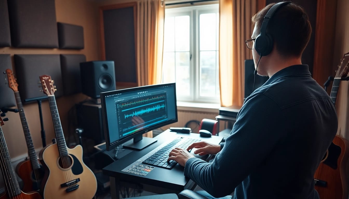 Recording professional utilizing online mastering services in a warm, inviting studio.