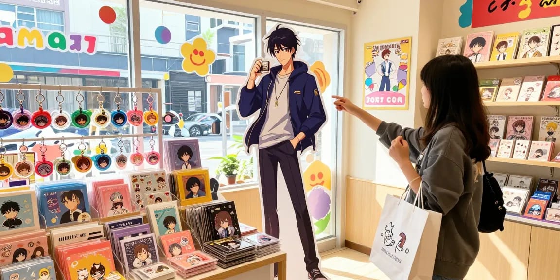 Custom acrylic standee displayed in an inviting retail environment, showcasing vibrant anime character designs.