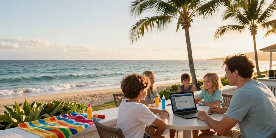 Family discussing best timeshare exit companies on beachside patio during golden hour.