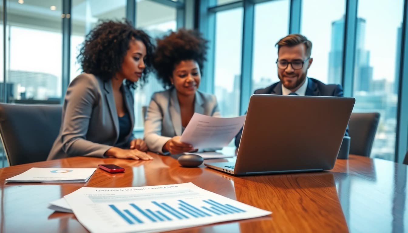 Engaged professionals conducting a Bid-No-Bid Analysis in a modern business meeting.
