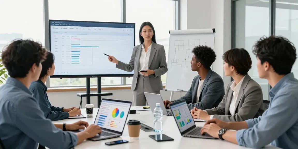 Team collaborating using all-in-one service software in a bright office setting