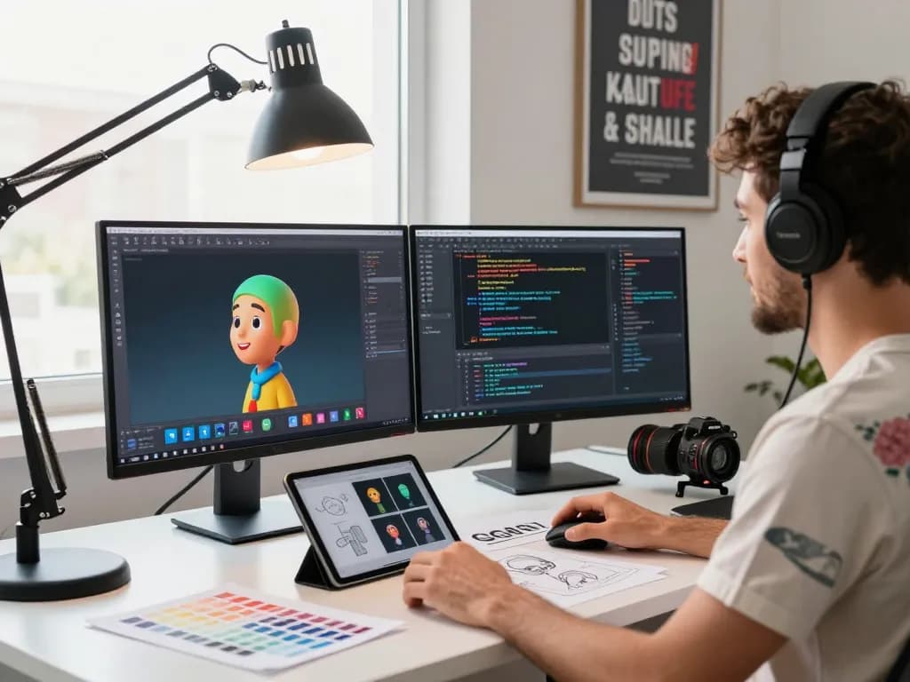 Designer using text to 3D software in a modern workspace, creating vibrant models with dual monitors and natural light.