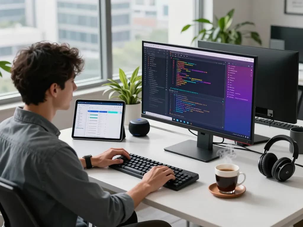 Software engineer coding in a modern workspace with WPS tools on screen, vibrant city view.