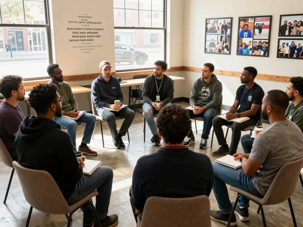 Men club gathering at community center sharing experiences and support.