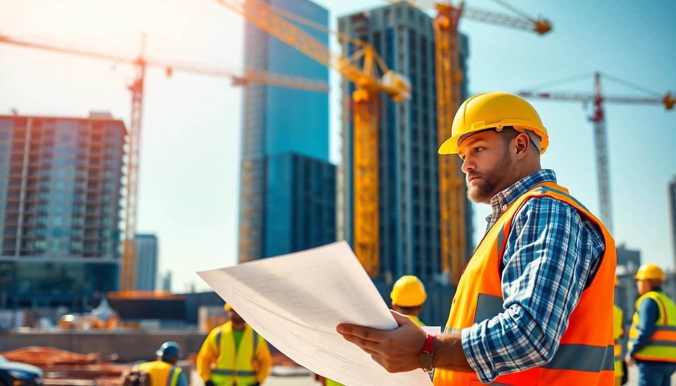 New Jersey General Contractor reviewing blueprints on an active construction site with a professional team.