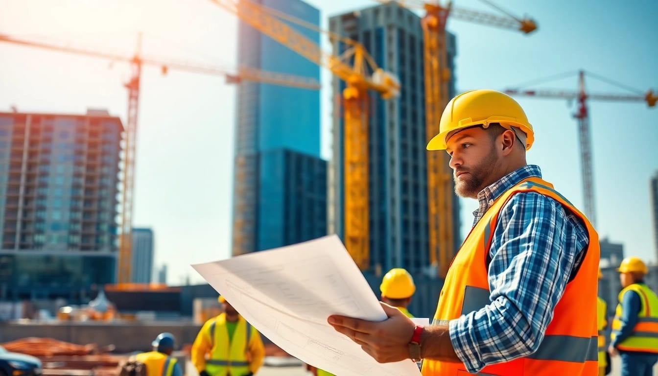 New Jersey General Contractor reviewing blueprints on an active construction site with a professional team.