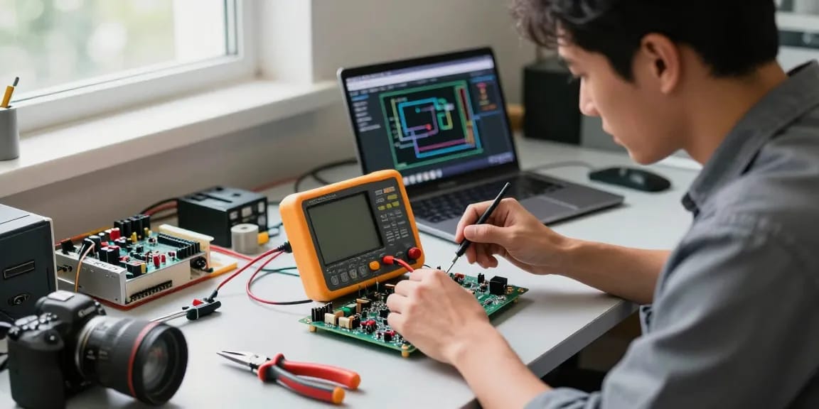 Technician using an oscilloscope multimeter to measure electrical signals on a workbench filled with electronic components.