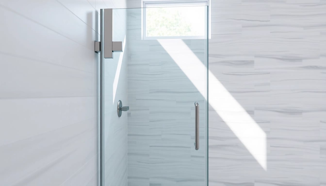Showcase of shower doors sliding revealing modern design elements and seamless integration in a stylish bathroom.