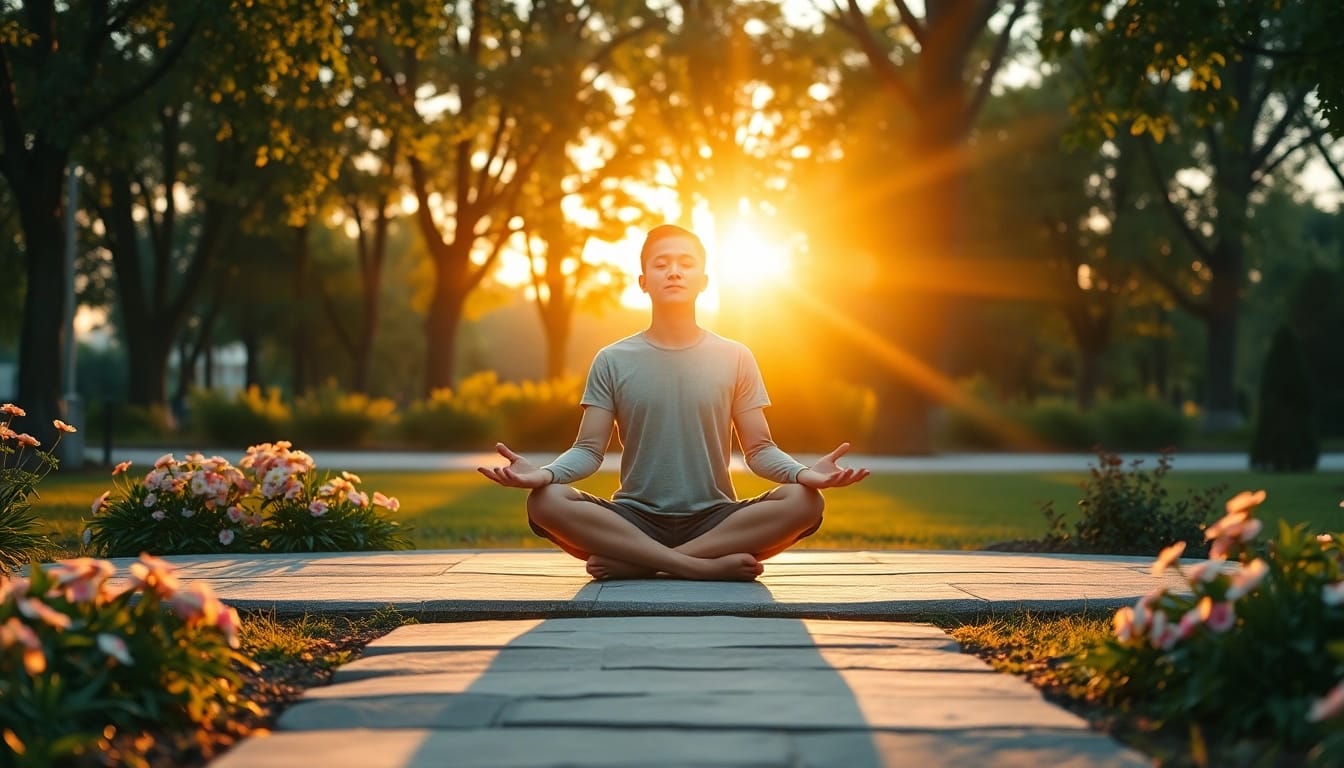 Meditation scene promoting mental wellness in a tranquil park during sunset.