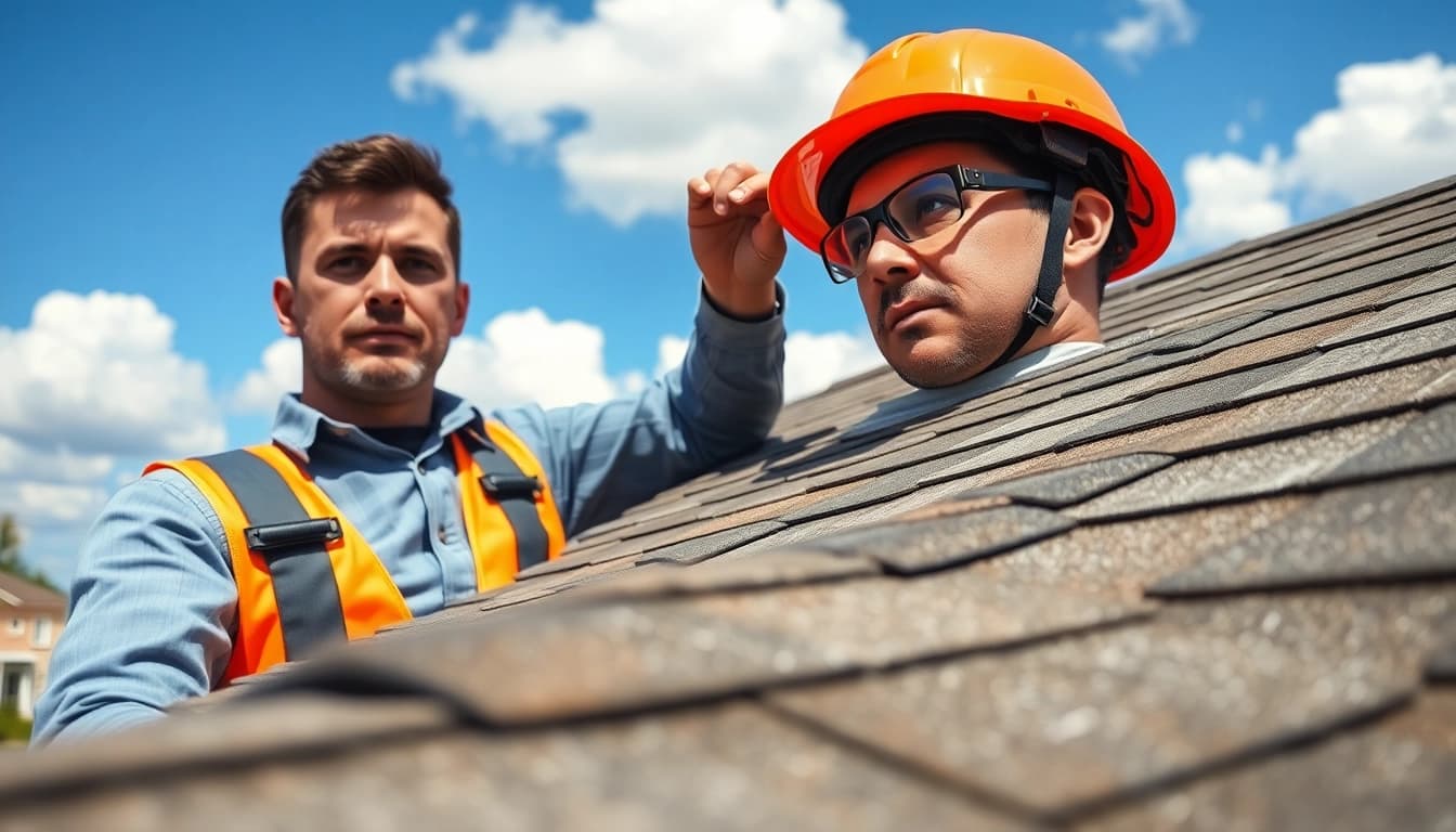 Roofing contractor evaluating roof condition on a residential property.