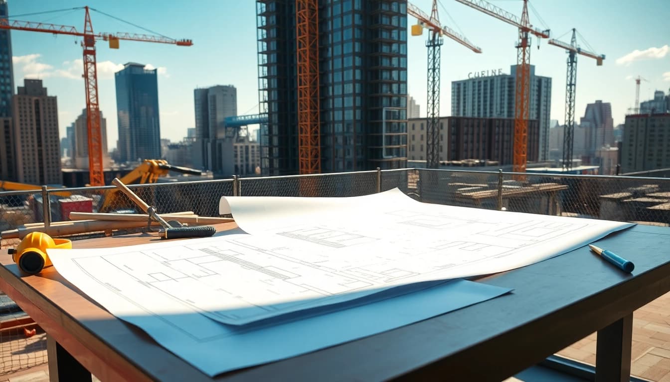 Manhattan General Contractor reviewing blueprints in a vibrant construction site.
