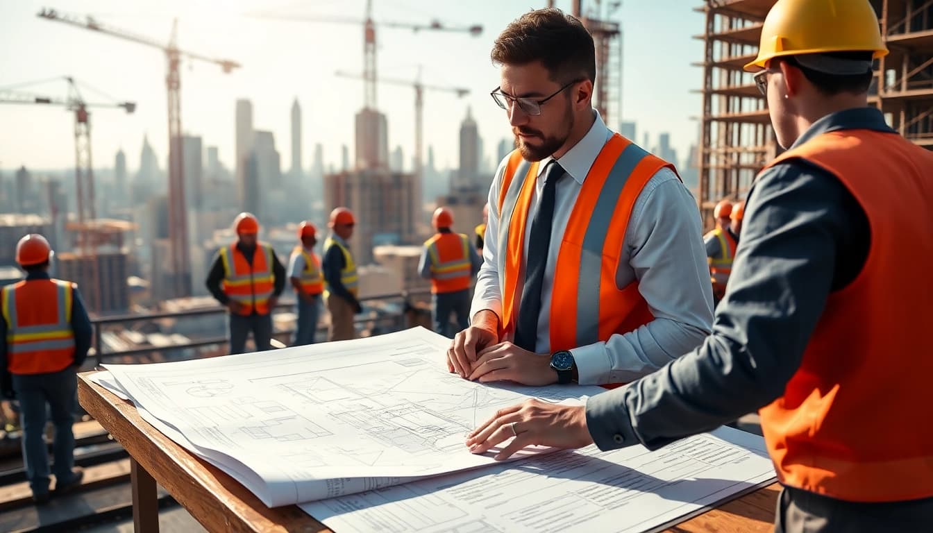 New York Construction Manager collaborating with workers at a dynamic construction site amidst an urban skyline.