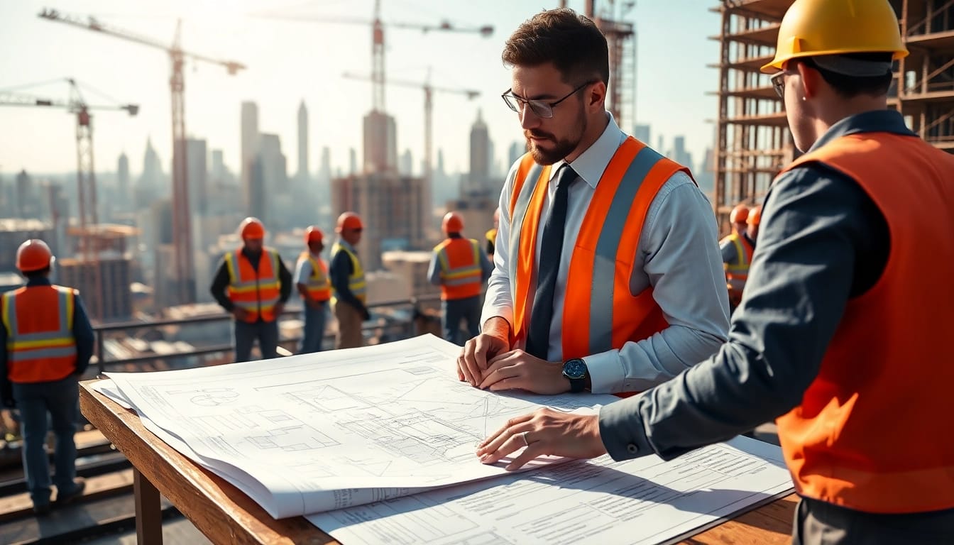 New York Construction Manager collaborating with workers at a dynamic construction site amidst an urban skyline.