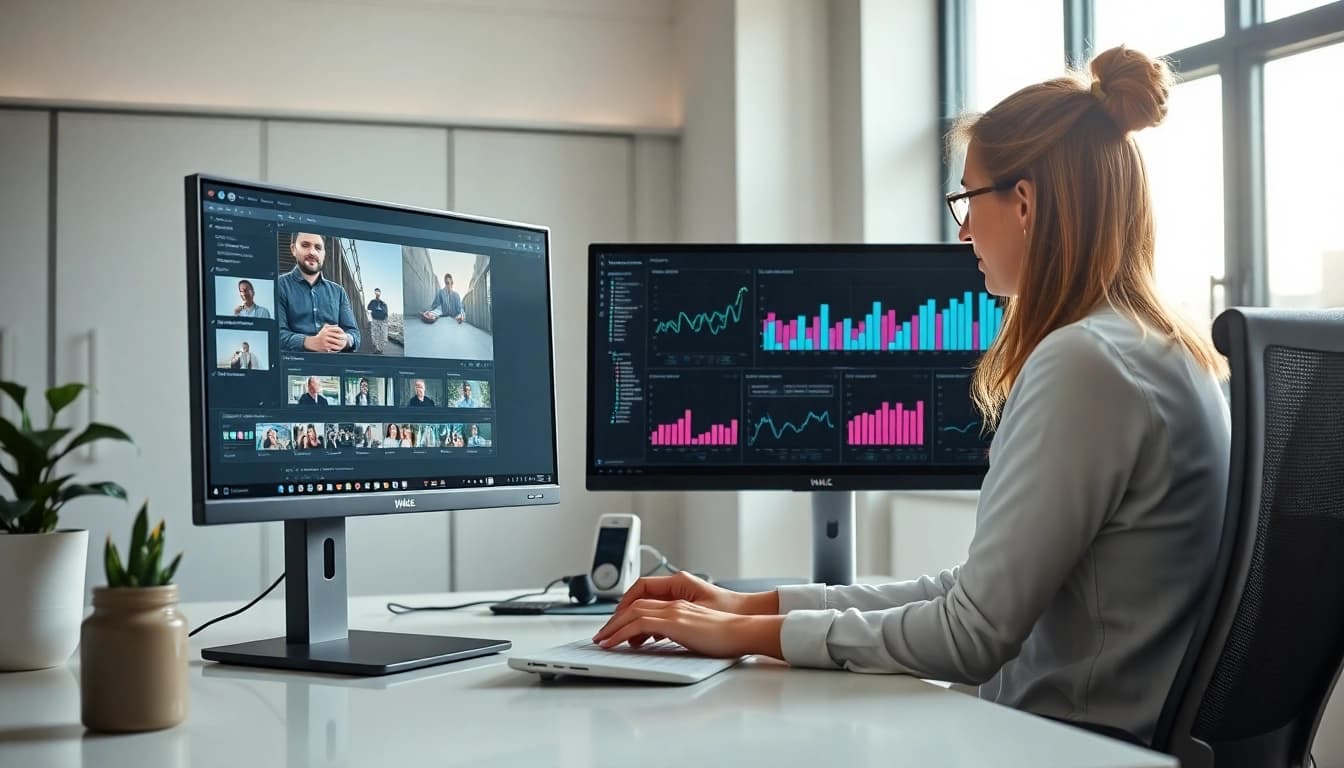 Craft a compelling Video strategy with a videographer reviewing footage and marketing data.