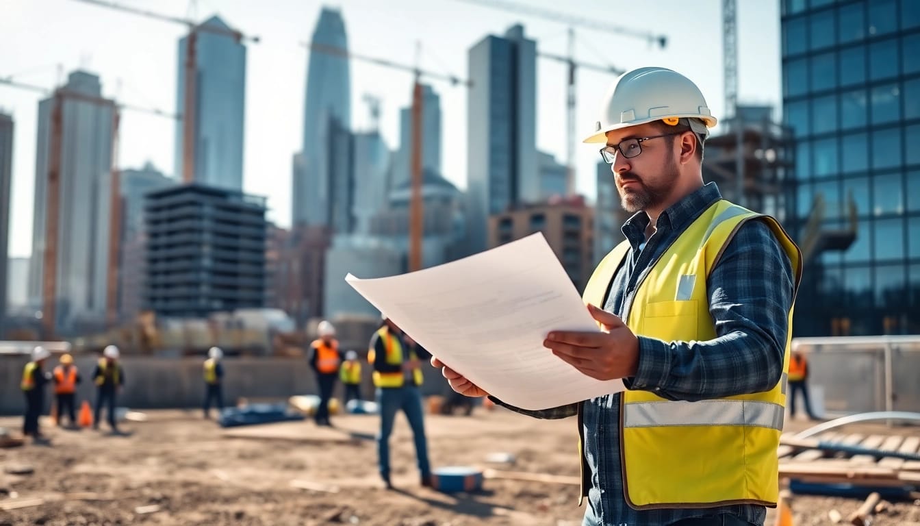 Manhattan General Contractor assessing a construction project with blueprints on-site.