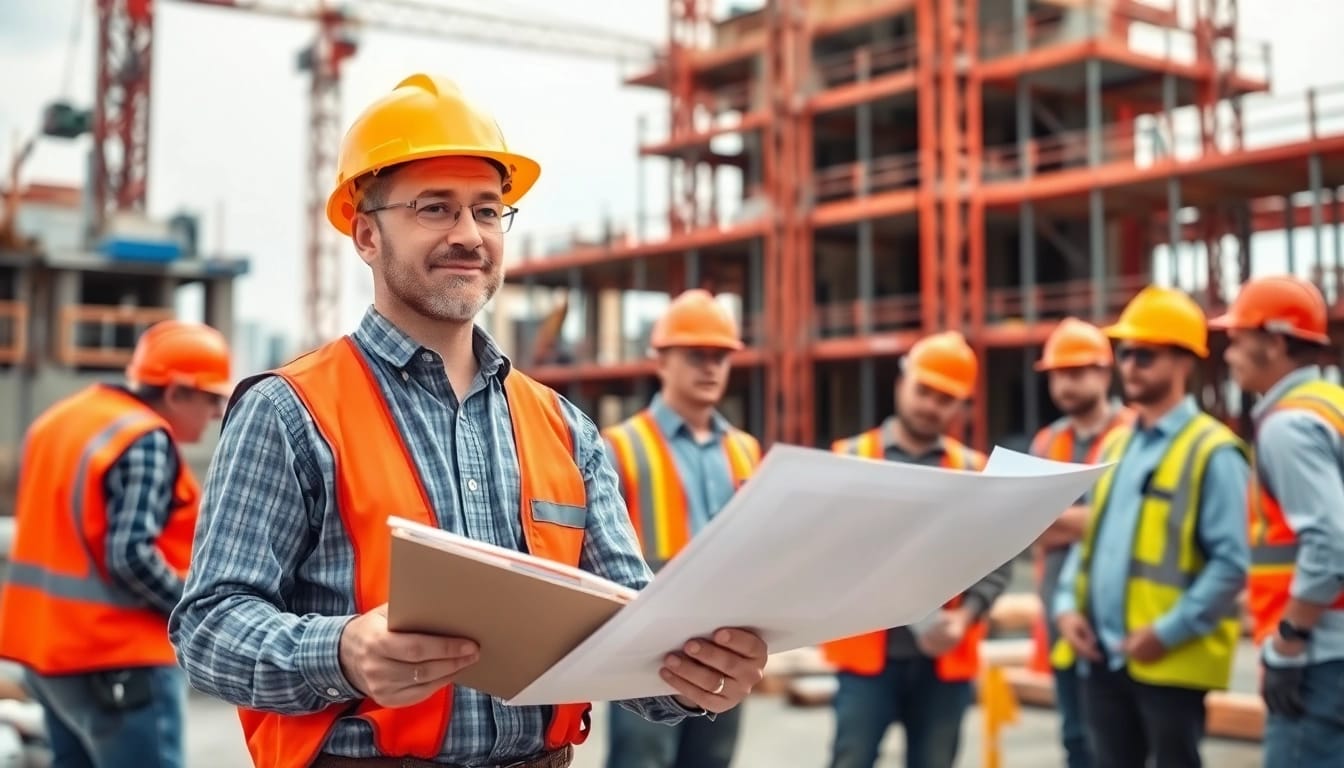 New Jersey Construction Manager supervising a construction site with team collaboration and natural lighting.