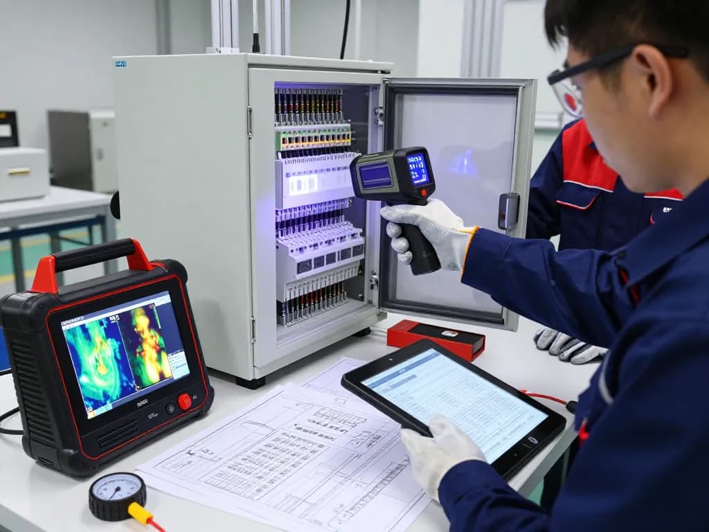 Technician using HANMATEK® Ti240 thermal camera applications in industrial inspection environment.