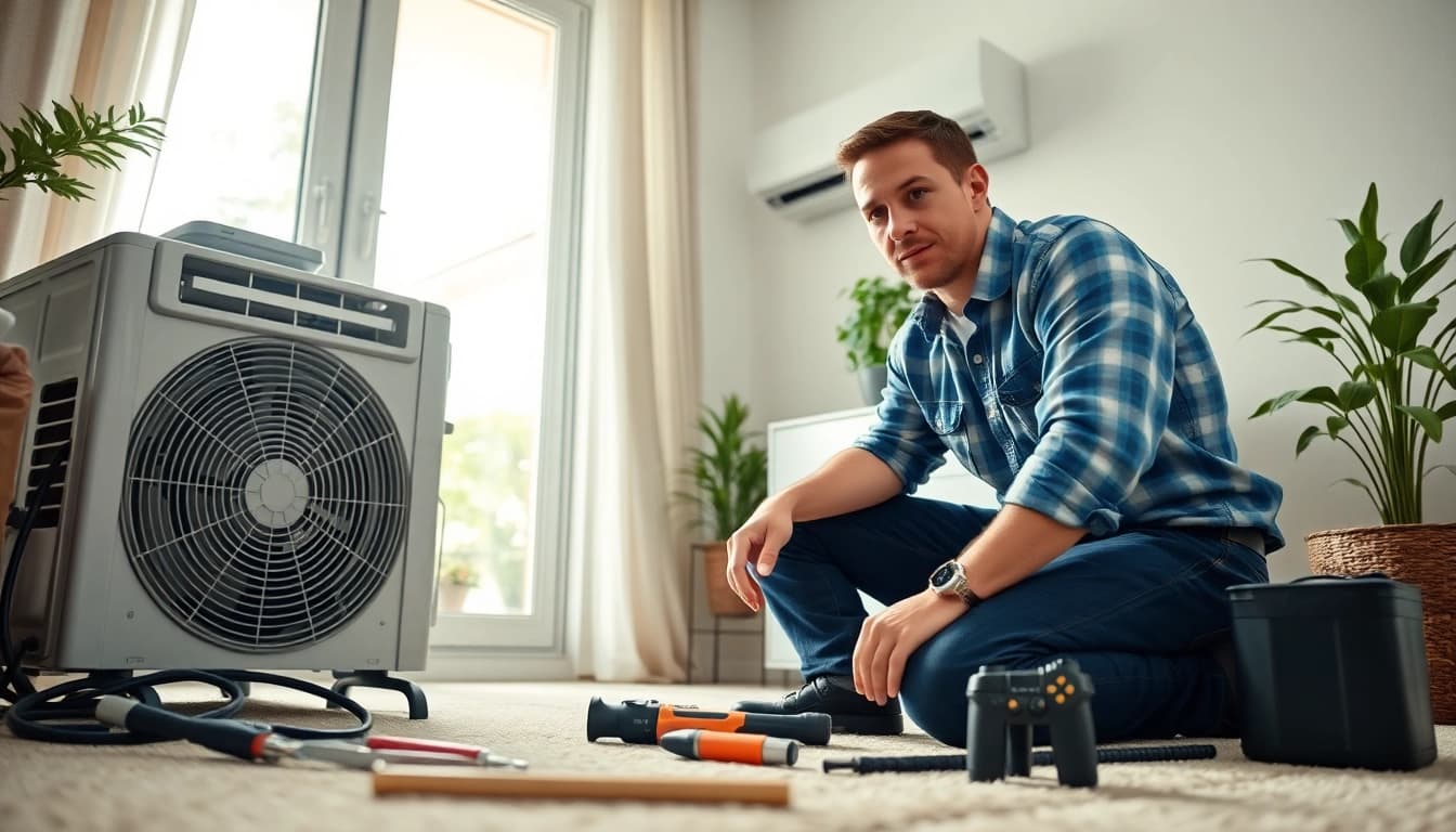 Air Conditioning Repair Tampa by a technician fixing a residential AC unit with tools.
