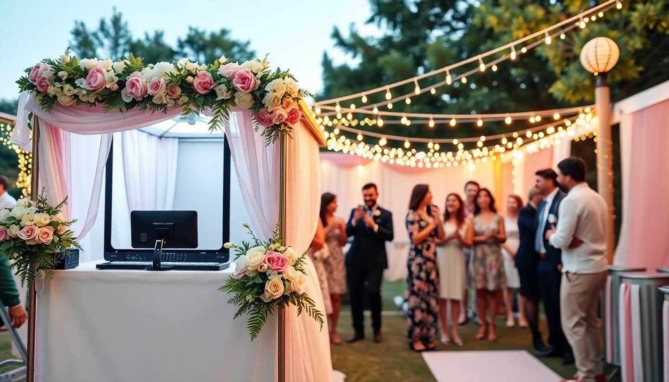 Capture joyful moments with our photo booth rental at events, complete with elegant decorations.