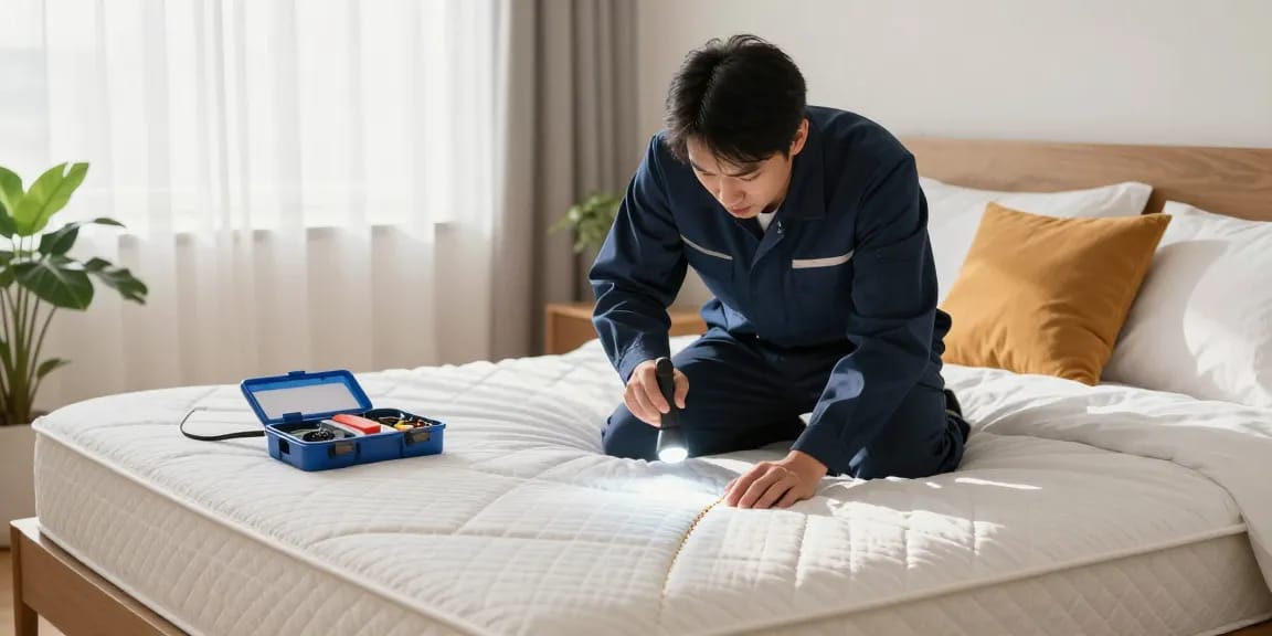 Professional bed bug treatment inspection with exterminator examining mattress seams.