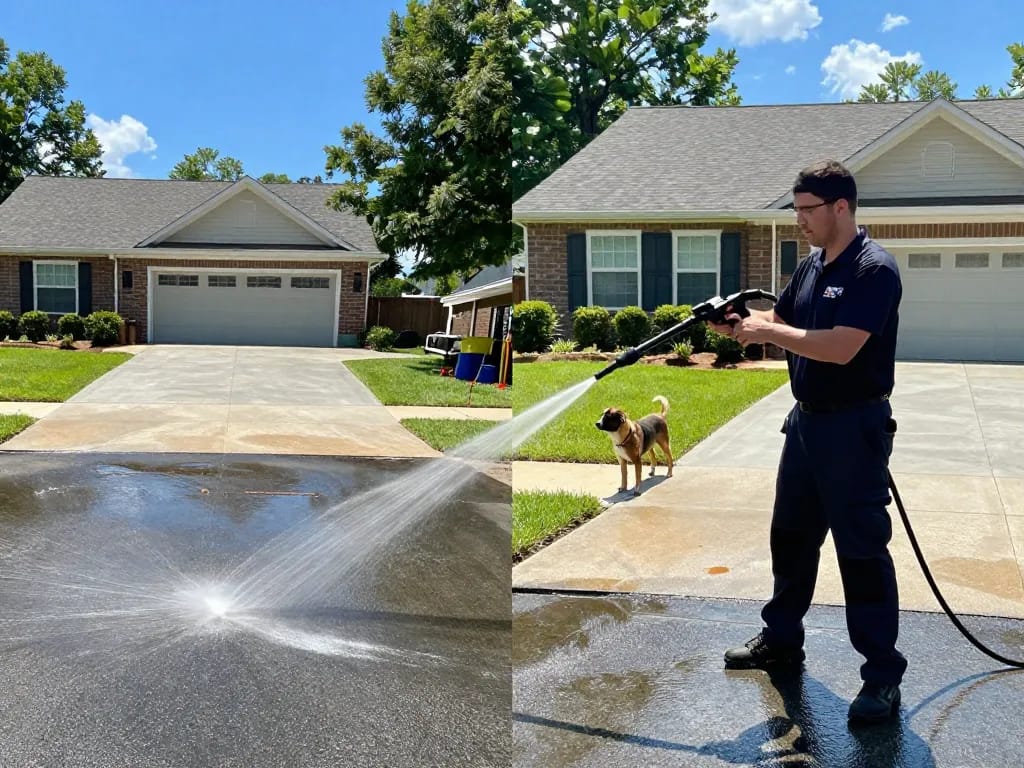 Professional pressure washing Georgia technician cleaning driveway with high-pressure washer in bright suburban neighborhood.