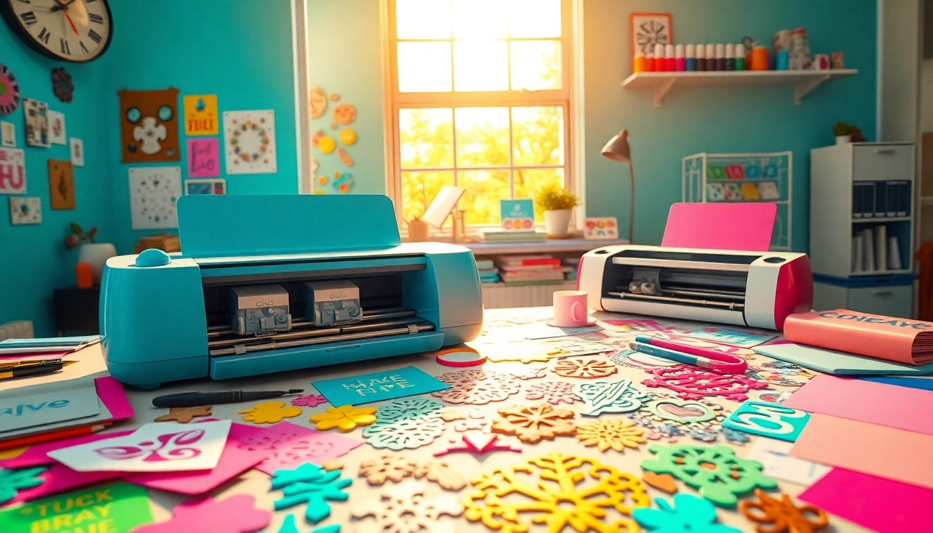 Crafting scene showcasing silhouette vs cricut machines with colorful materials and tools in a vibrant workspace.